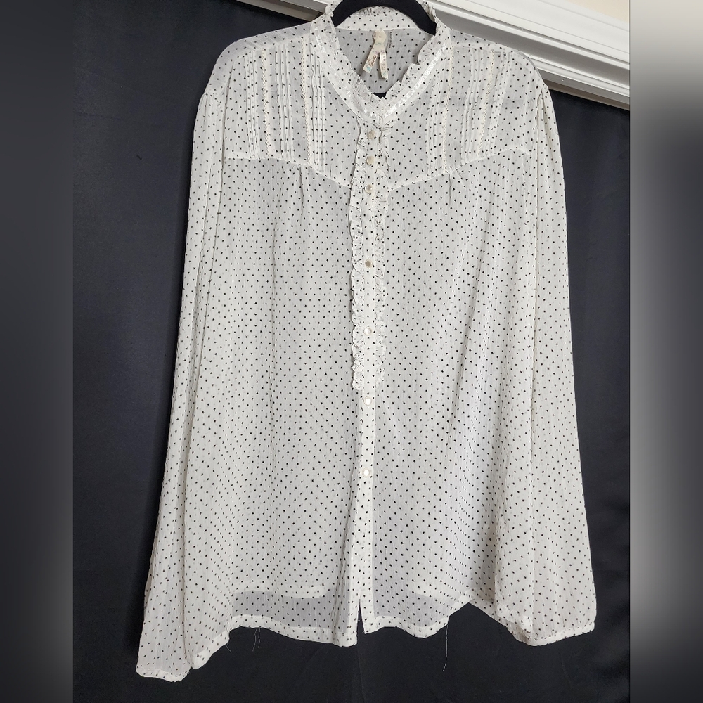 Miss Curvista White Black Velvet Stars Polka Dot Button Up Tux Blouse 3XL NWOT